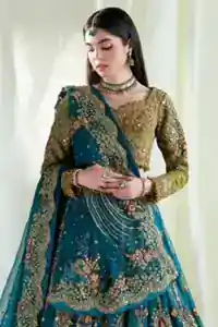 Complete set layout of olive blouse, teal double-layer lehenga, and dupatta.