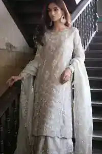 Wide-flare farshi gharara lower panel with intricate silver embroidery border.