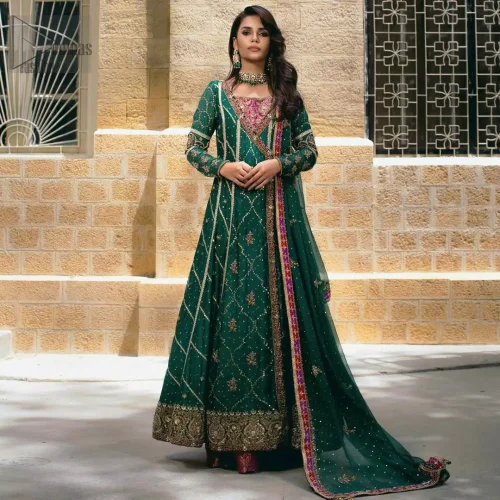 Bottle Green Angrakha Palazzo Pants Dupatta