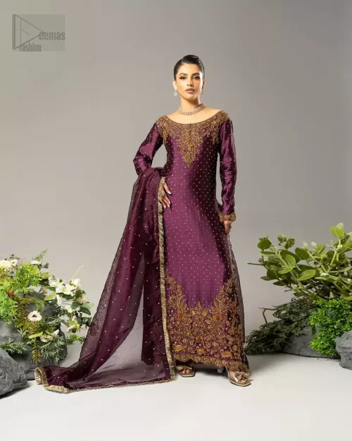 Full Formal Ensemble: Full-length view of the Deep Plum Long Shirt and Straight Trousers, a sophisticated Pakistani party dress in
