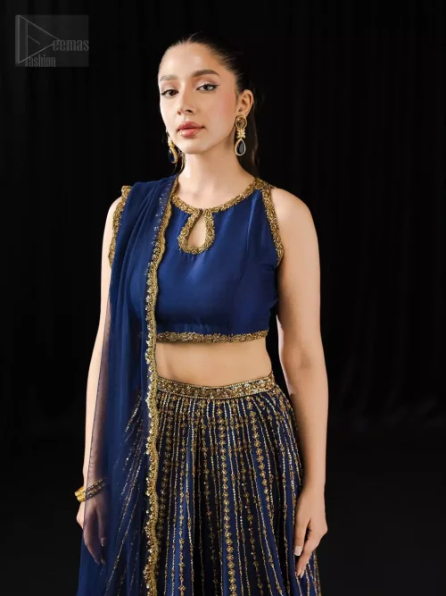 The sleeveless blouse choli glows like hidden fire when it gleams under the golden embroidery of the halterneck.