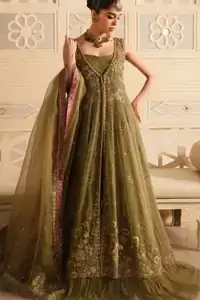 Olive Green Front Open Gown Crushed Lehenga
