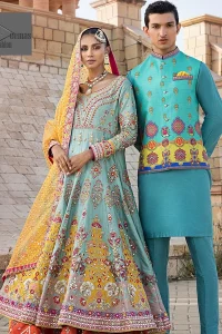 Effortlessly achieve the perfect bride look with this mehndi wear! Turquoise Frock is adorned with gorgeous motifs in multiple colors. It is further encrusted with the magic of gota, pitta, naqshi, Zardozi, tilla, and dabka along with sequins and pearls. The round neckline gives a traditional look to the outfit. Further, the tiny floral motifs also intensify the beauty of the masterpiece. This piece is paired up with an orange lehenga to make the contrast balance. Complete this outfit with a dupatta framed with four-sided borders to make your day versatile and charming.