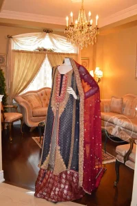 Dark Grey Front Open Gown Deep Red Lehnga and Dupatta