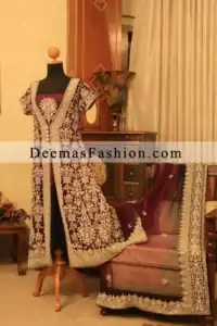 Latest Wedding Clothing Dark Maroon Bridal Front Open Dress