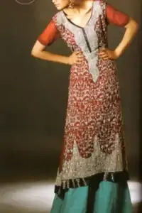 Deep Red Heavily Embroidered Shirt with Turquoise Green Sharara and Dupatta