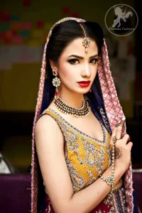 Deep Red A-Line Front Open Frock Having Golden Bodice With Navy Blue Dupatta and Lehnga