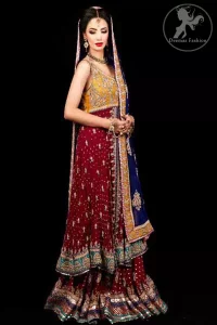 Deep Red A-Line Front Open Frock Having Golden Bodice With Navy Blue Dupatta and Lehnga