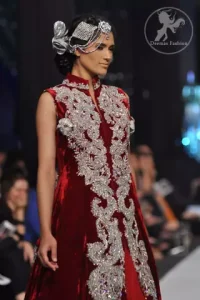 Deep Red Velvet Full Length Front Open Embellished Gown and Skirt