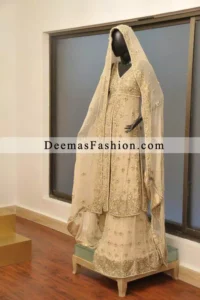 Latest Pakistani Bridal Wear Collection Off White Sharara Open Shirt Gown