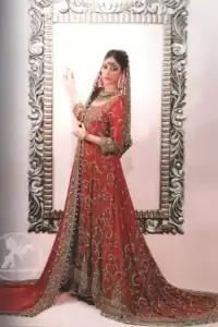 Latest Pakistani Deep Red Back Trail Traditional Bridal Wear Pishwas
