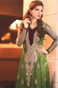 Latest Pakistani Mehndi Wear Bottle Green Frock With Embellished Long Neckline