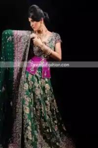 Latest Pakistani Bridal Wear - Bottle Green & Magenta Lehnga