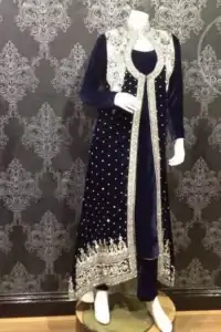 Navy Blue Front Open Velvet Gown Trouser