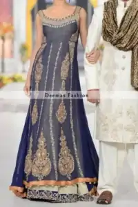 Frock has been adorned with embroidered neckline and motifs on both sides. Center panel has been embellished with large motifs and small borders. Embroidered lace implemented at the bottom of lehenga. This dress comes with matching dupatta.