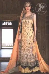 Orange Bridal Wear Frock With Banarsi Sharara and Embroidered Dupatta