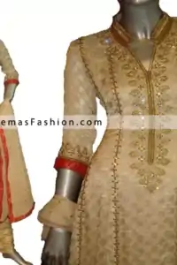 Pakistani Designer Wear - Beige Red Anarkali Churidar Dress