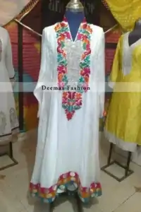 Pakistani Fashion White with Multi Color Embroidery A Line Dress