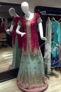 Pinkish Red Front Open Shirt Ferozi Lehnga
