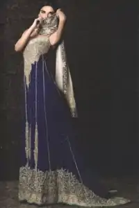Royal Blue Back Trail Bridal Wear Maxi Off White Dupatta