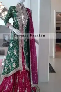 Bottle Green Shocking Pink Front Open Back Tail Shirt Sharara