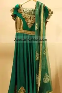 Pakistani Boutique Design Green Golden Chiffon Frock