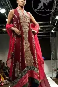 Maroon And Pink Heavy Embroidered Bridal Frock