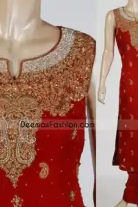 Red Katan silk shirt having floral embroidery on neckline. sequence and paisleys motifs all over. Piping edges finished.
