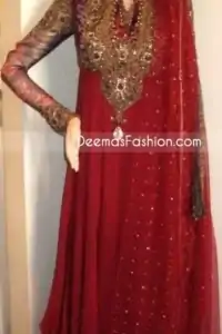 Red Embroidered Neck Pure Chiffon Frock Jamawar Dupatta - Ladies Wear Deep Red Pure Chiffon Anarkali Fashion Dress