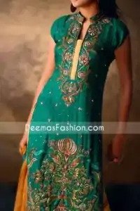 Pakistani Party Clothes Emerald Green & Golden Yellow Dress